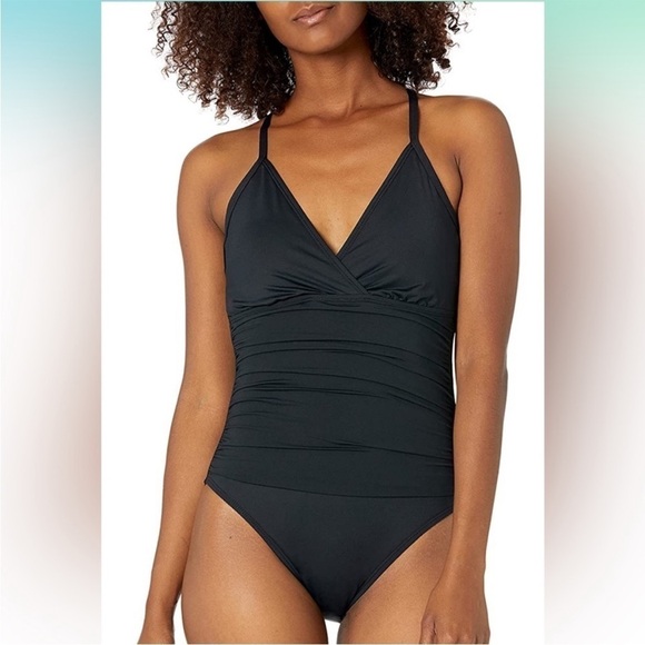LA BLANCA Black One Piece Swimsuit Ruching Detail - Picture 1 of 10